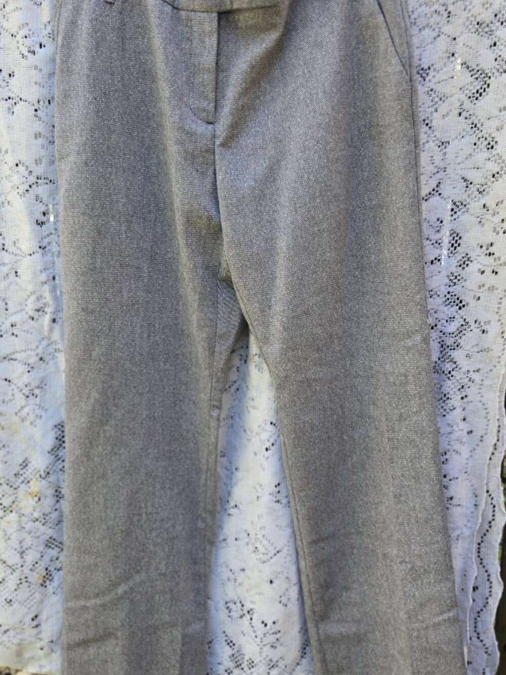 Ladies Grey Slacks with silver threads; front pockets. Straight leg Size 10